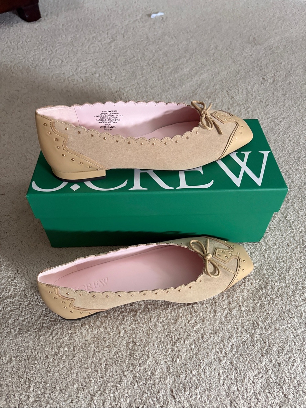 J. Crew Beige Scalloped Bow Ballet Flats with Pink Lining